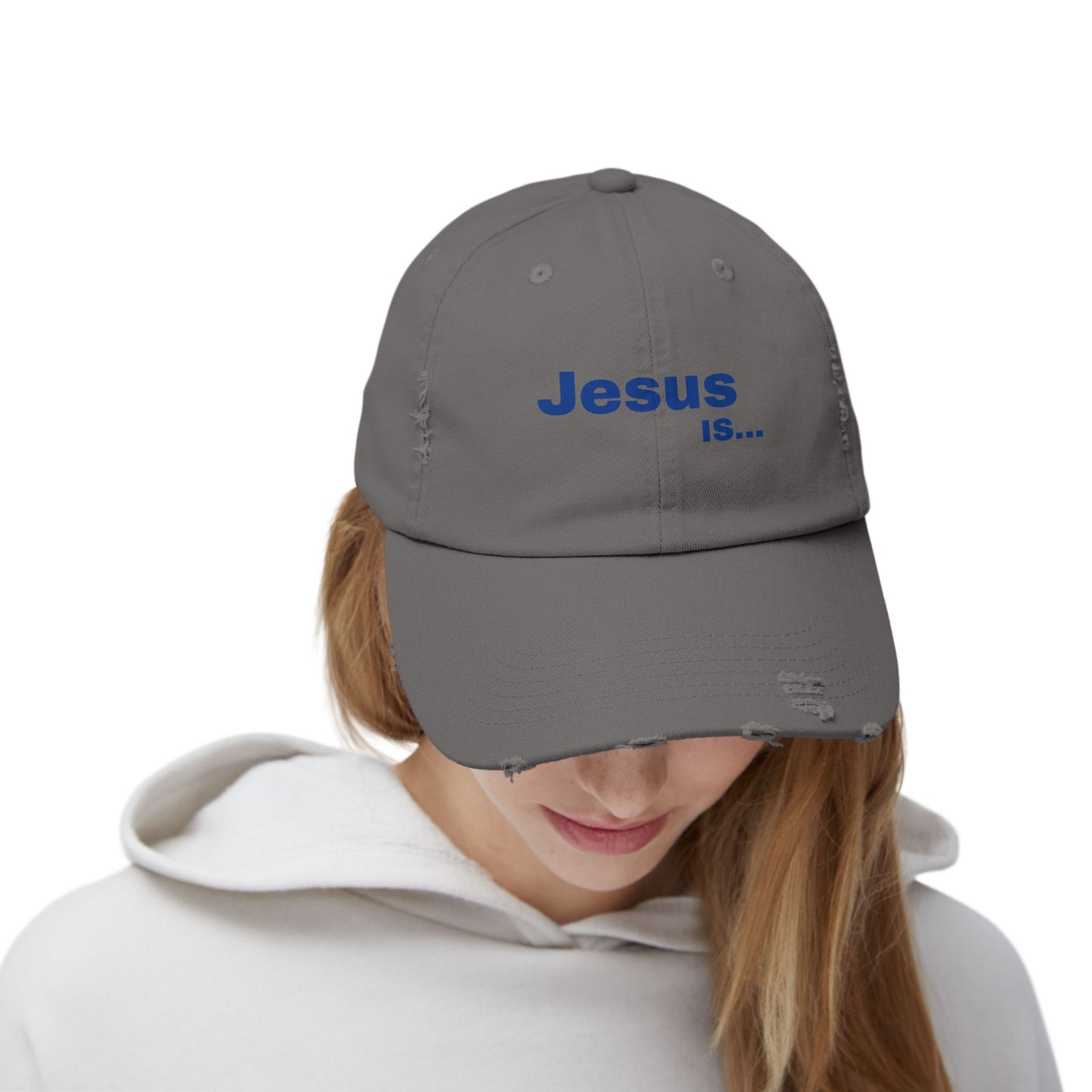 A DRocka Exclusive - JESUS IS… 🤘🏾 (blue) Unisex Distressed Cap