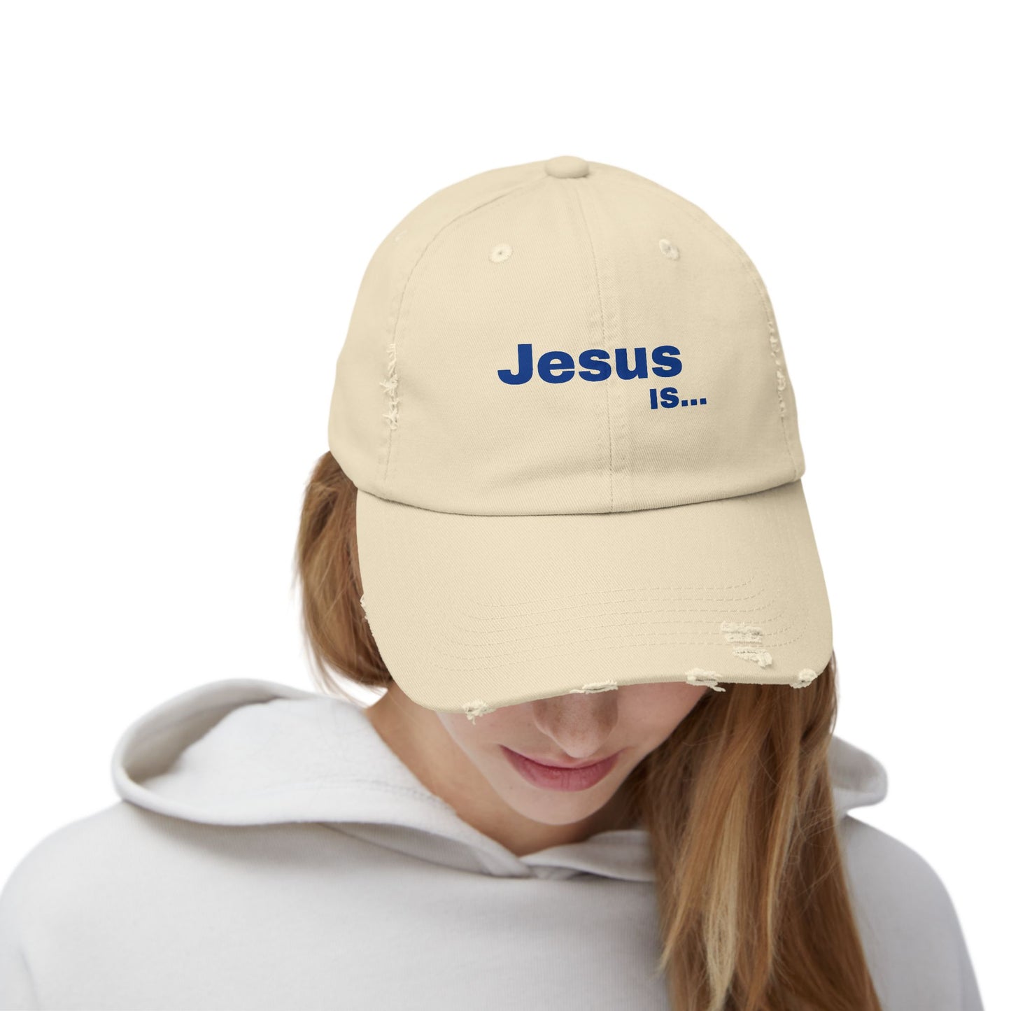 A DRocka Exclusive - JESUS IS… 🤘🏾 (blue) Unisex Distressed Cap