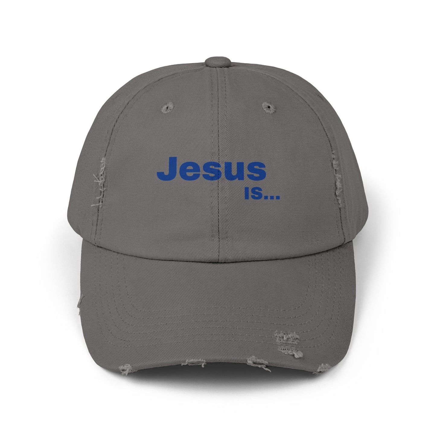 A DRocka Exclusive - JESUS IS… 🤘🏾 (blue) Unisex Distressed Cap
