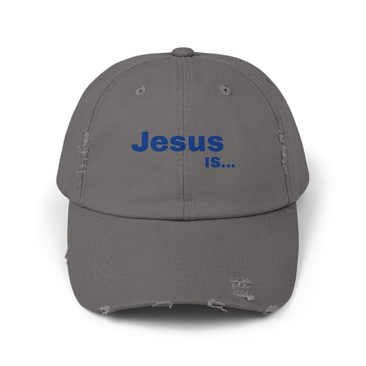 A DRocka Exclusive - JESUS IS… 🤘🏾 (blue) Unisex Distressed Cap