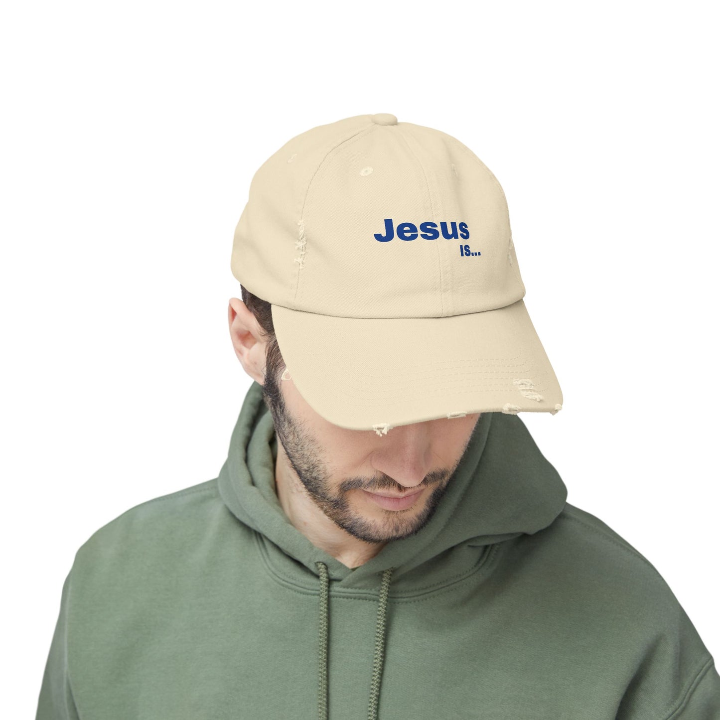A DRocka Exclusive - JESUS IS… 🤘🏾 (blue) Unisex Distressed Cap