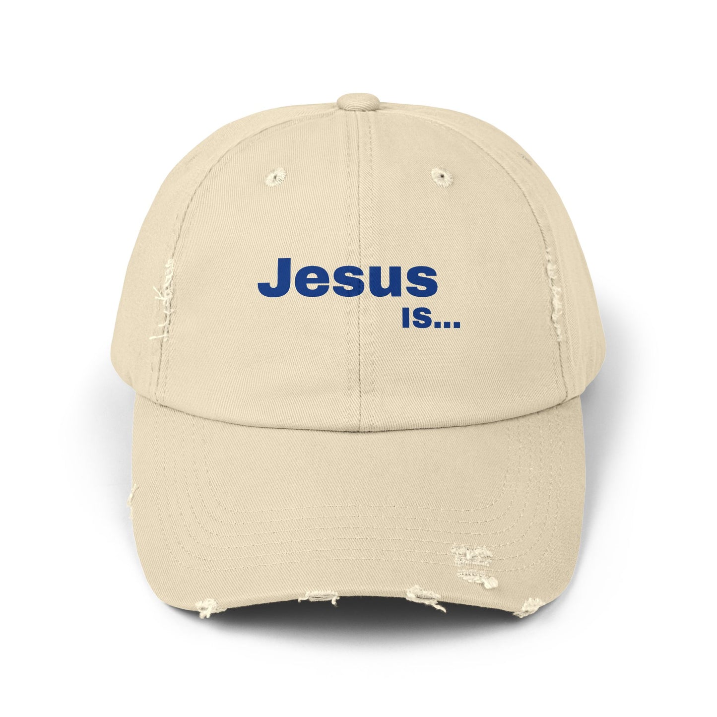 A DRocka Exclusive - JESUS IS… 🤘🏾 (blue) Unisex Distressed Cap